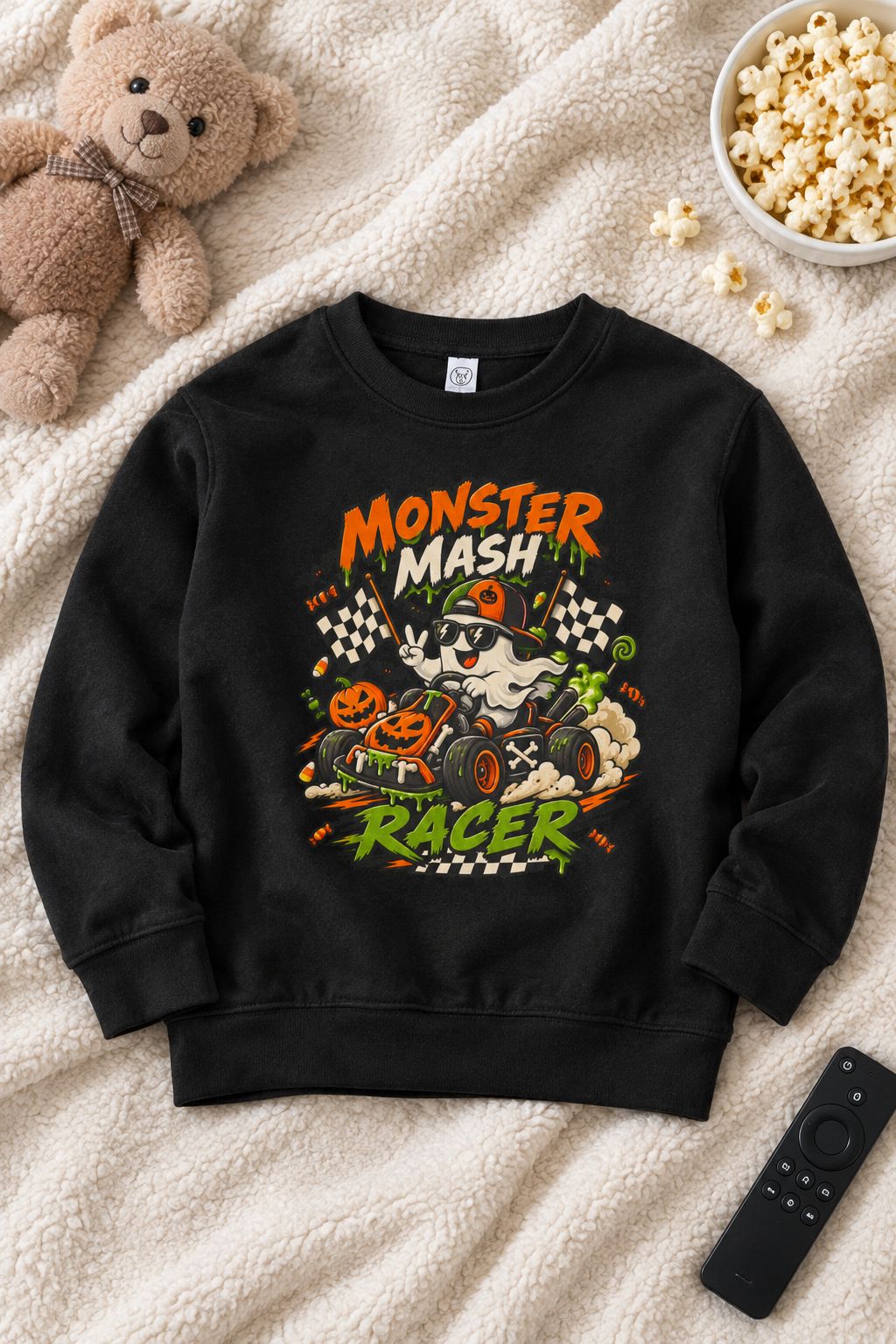 Monster Mash Pumpkin Race Car Toddler Sweatshirt lifestyle photo