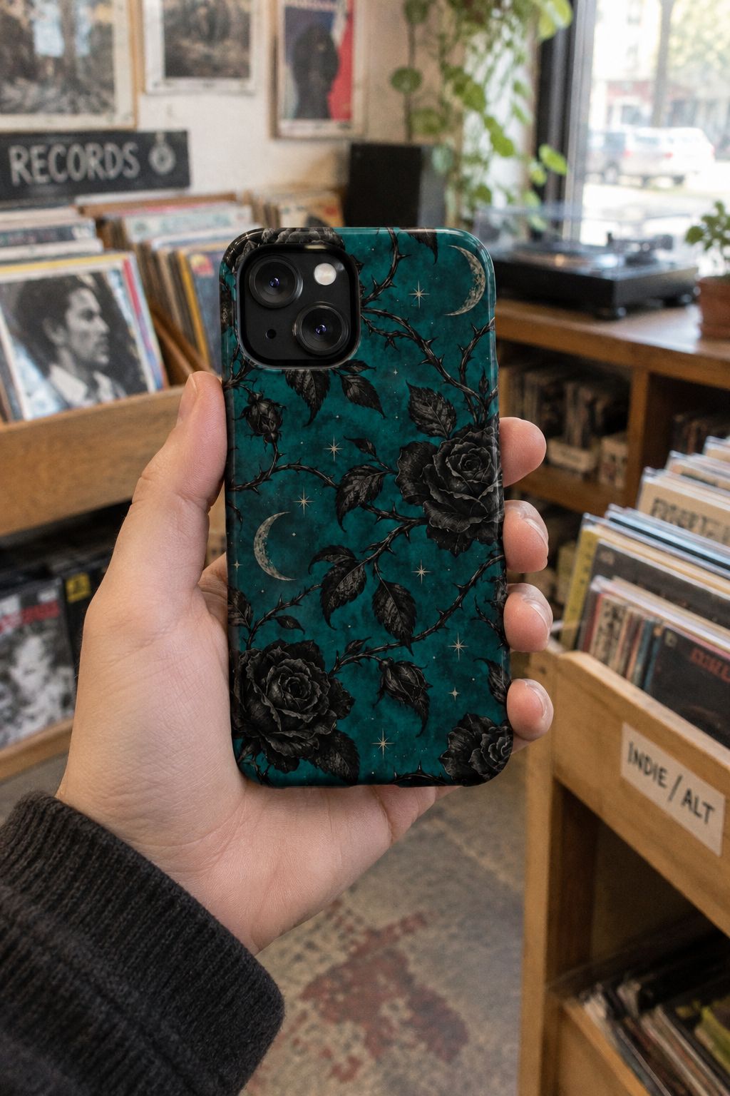Teal Moon & Black Rose Magnetic Phone Case lifestyle photo