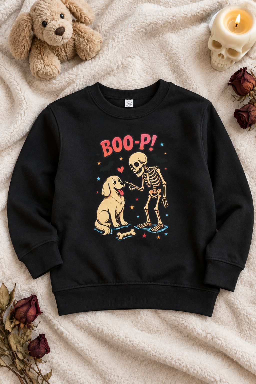 Skeleton & Puppy “BOO-P!” Toddler Halloween Sweatshirt lifestyle photo
