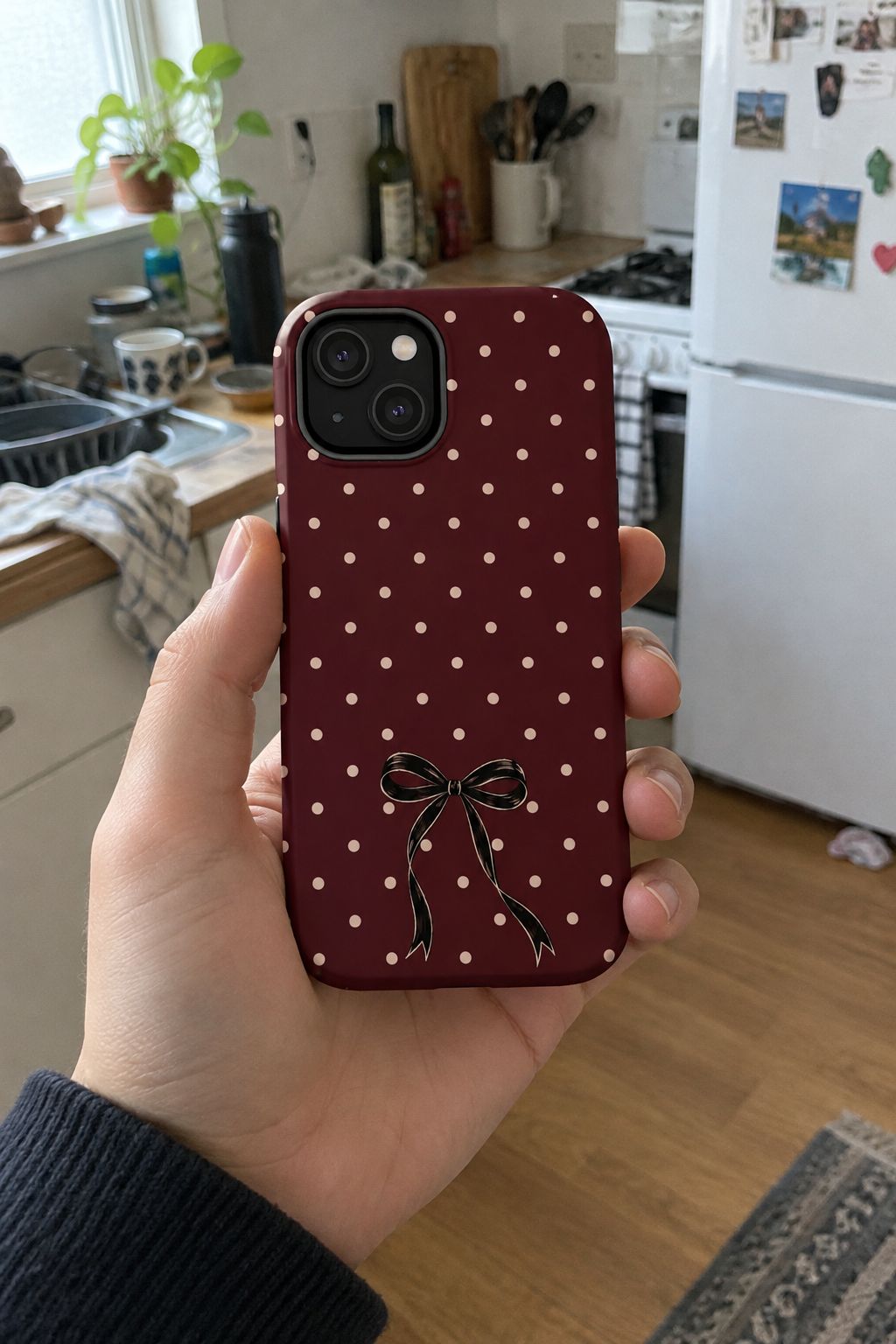 Burgundy Polka Dot Magnetic Phone Case lifestyle photo