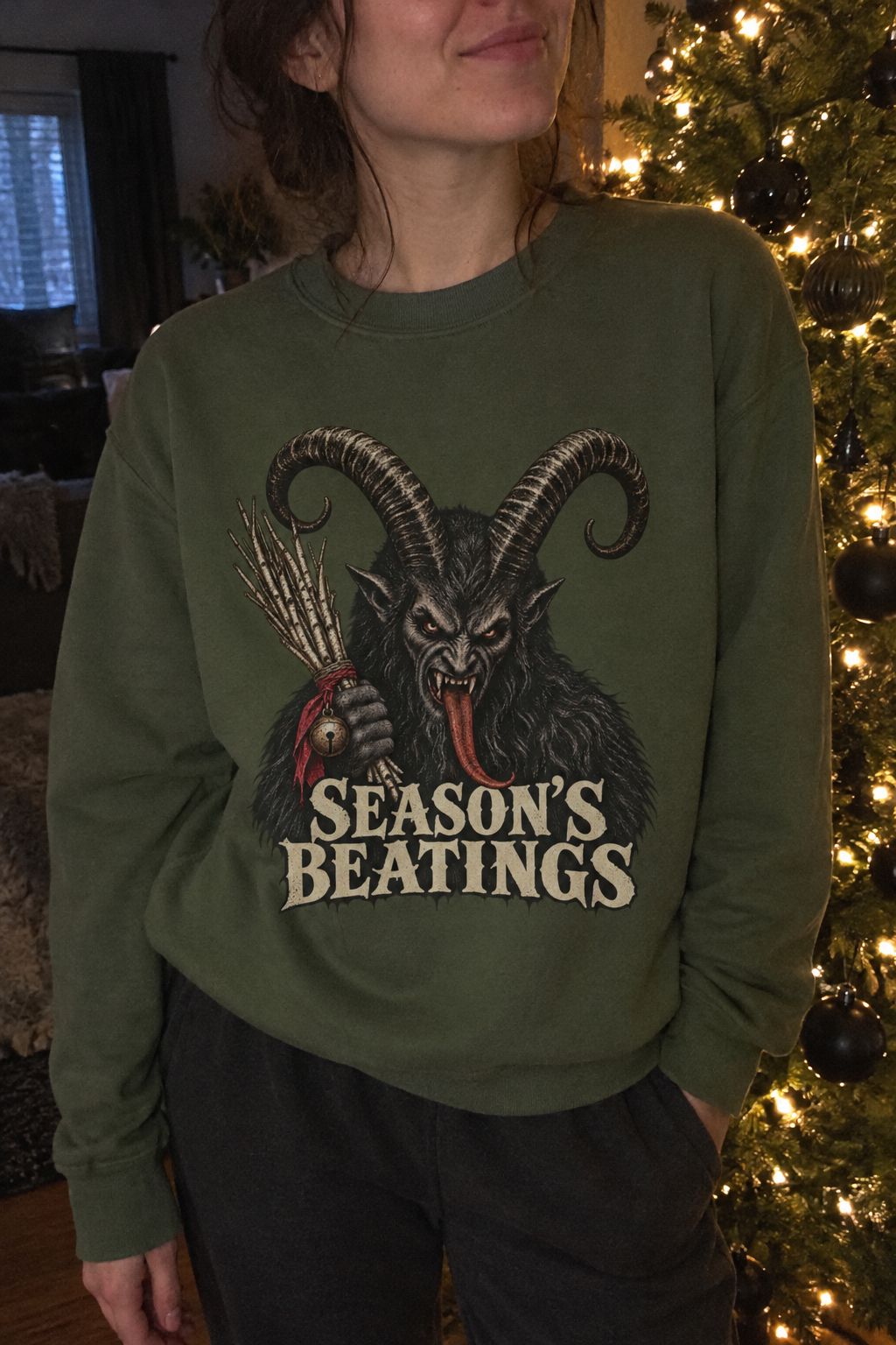 Krampus Season's Beatings Christmas Sweatshirt lifestyle photo