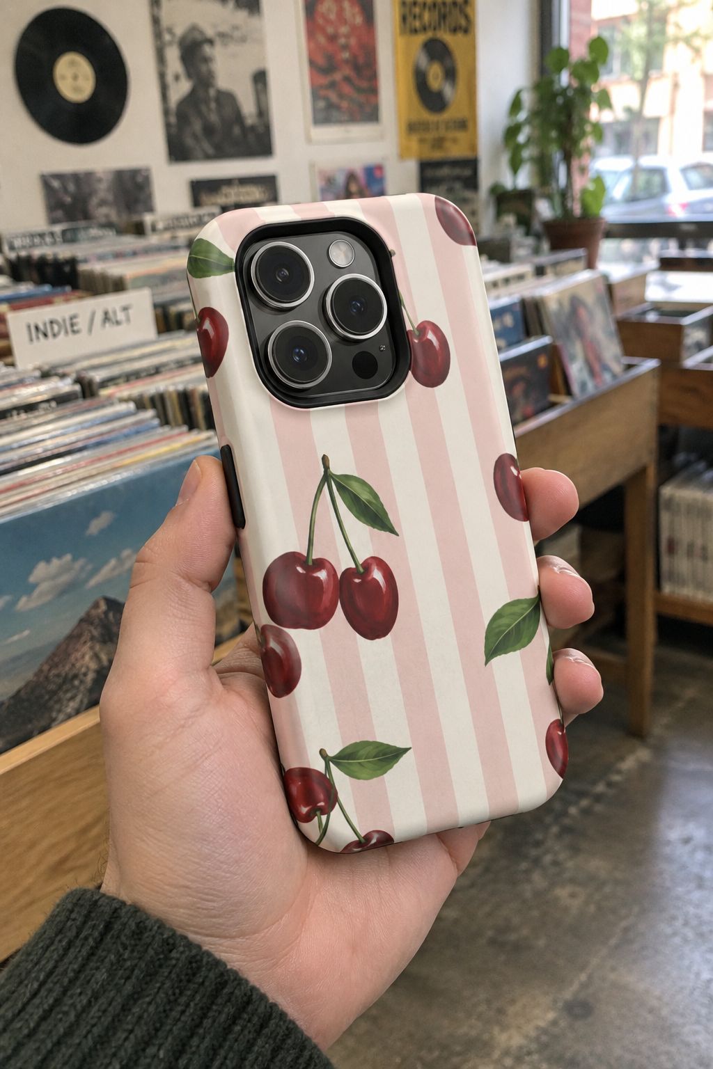 Cherry Stripe Magnetic Phone Case lifestyle photo