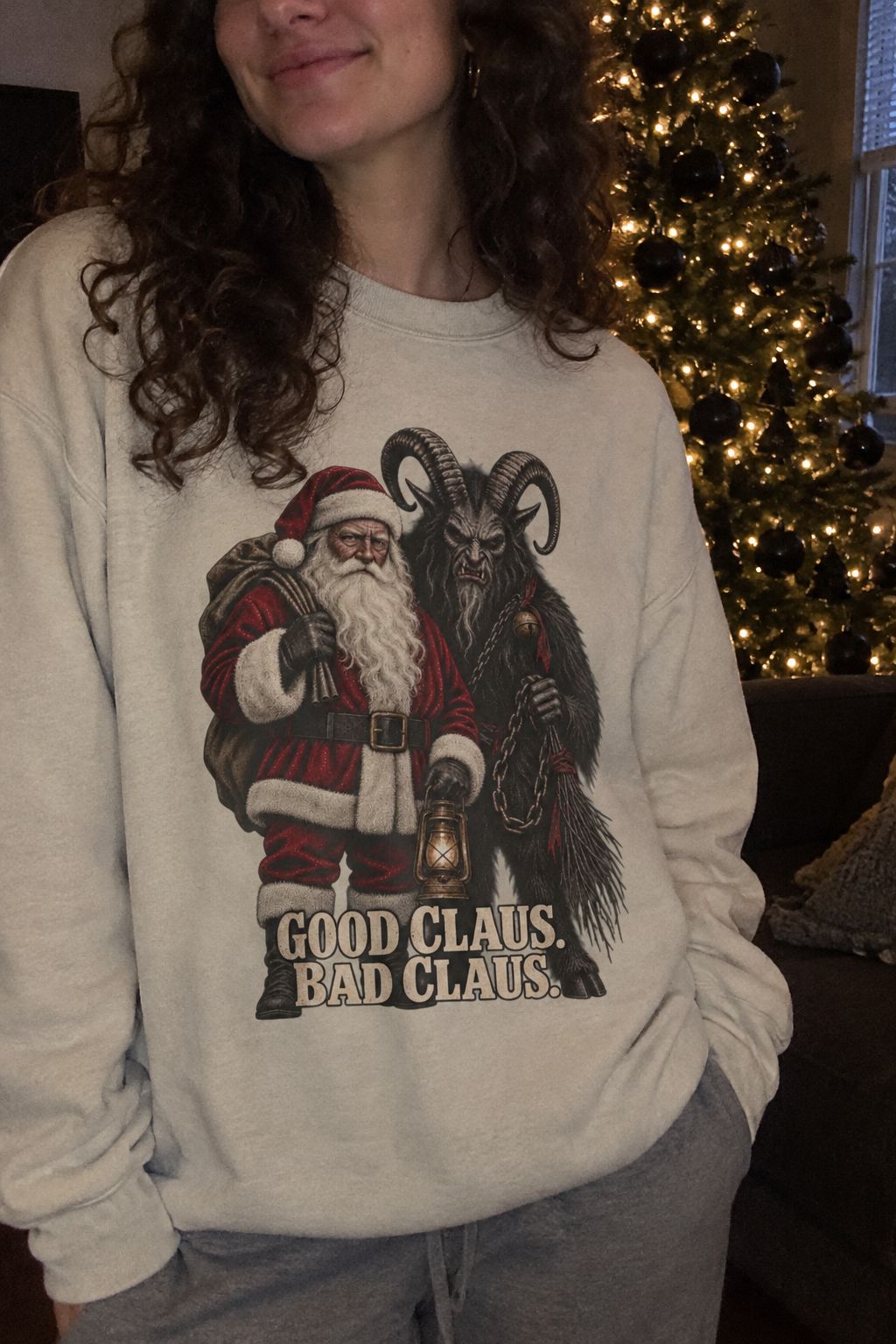 Good Claus Bad Claus Sweatshirt lifestyle photo