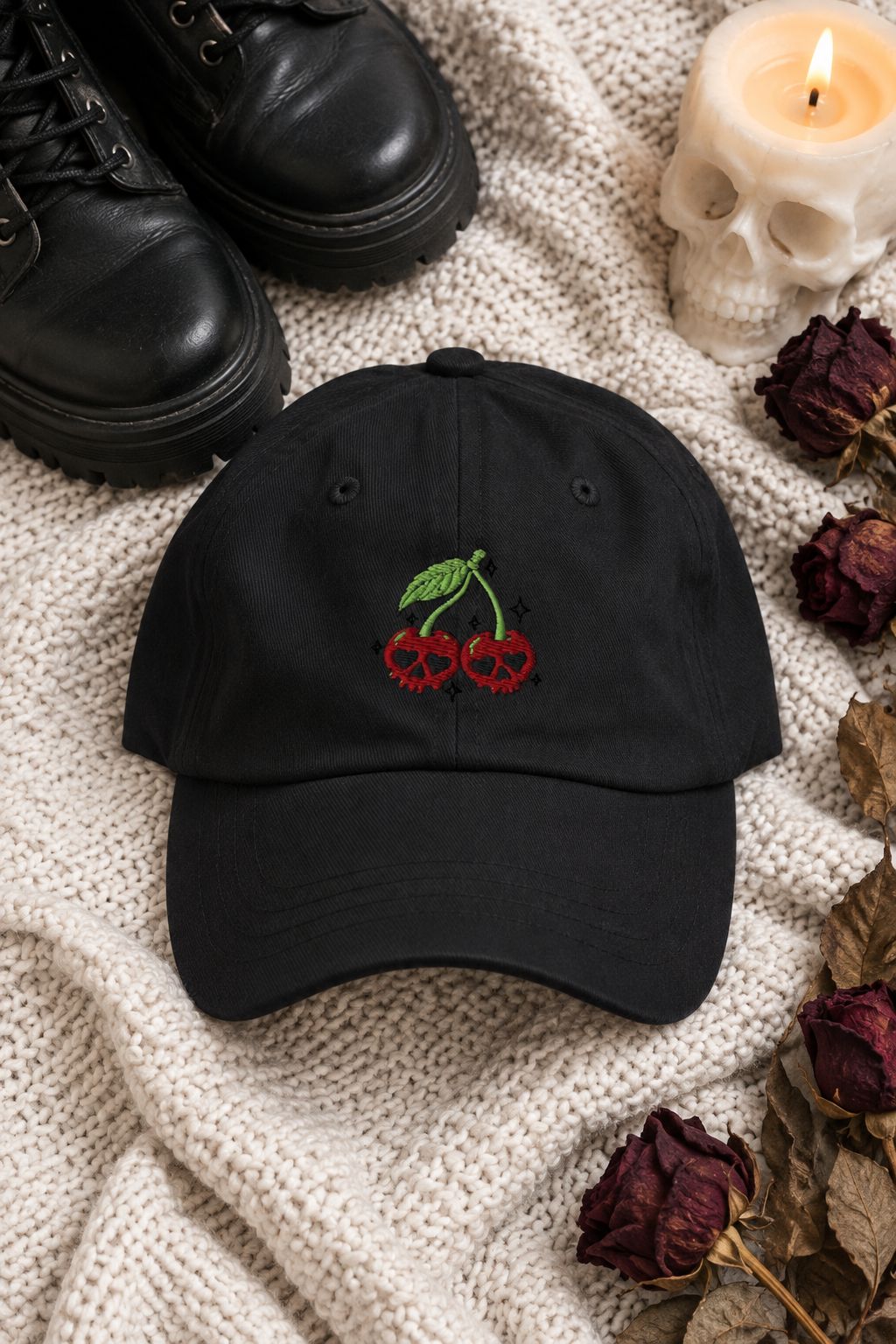 Cherry Skull Embroidered Dad Cap lifestyle photo