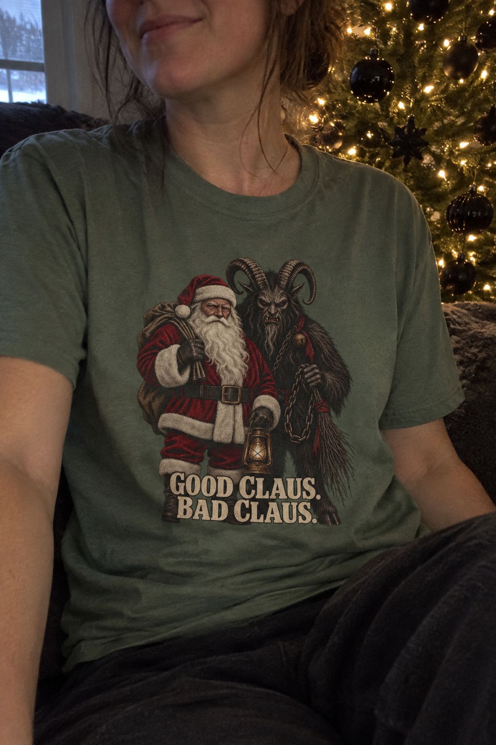 Santa & Krampus Christmas Graphic Tee lifestyle photo