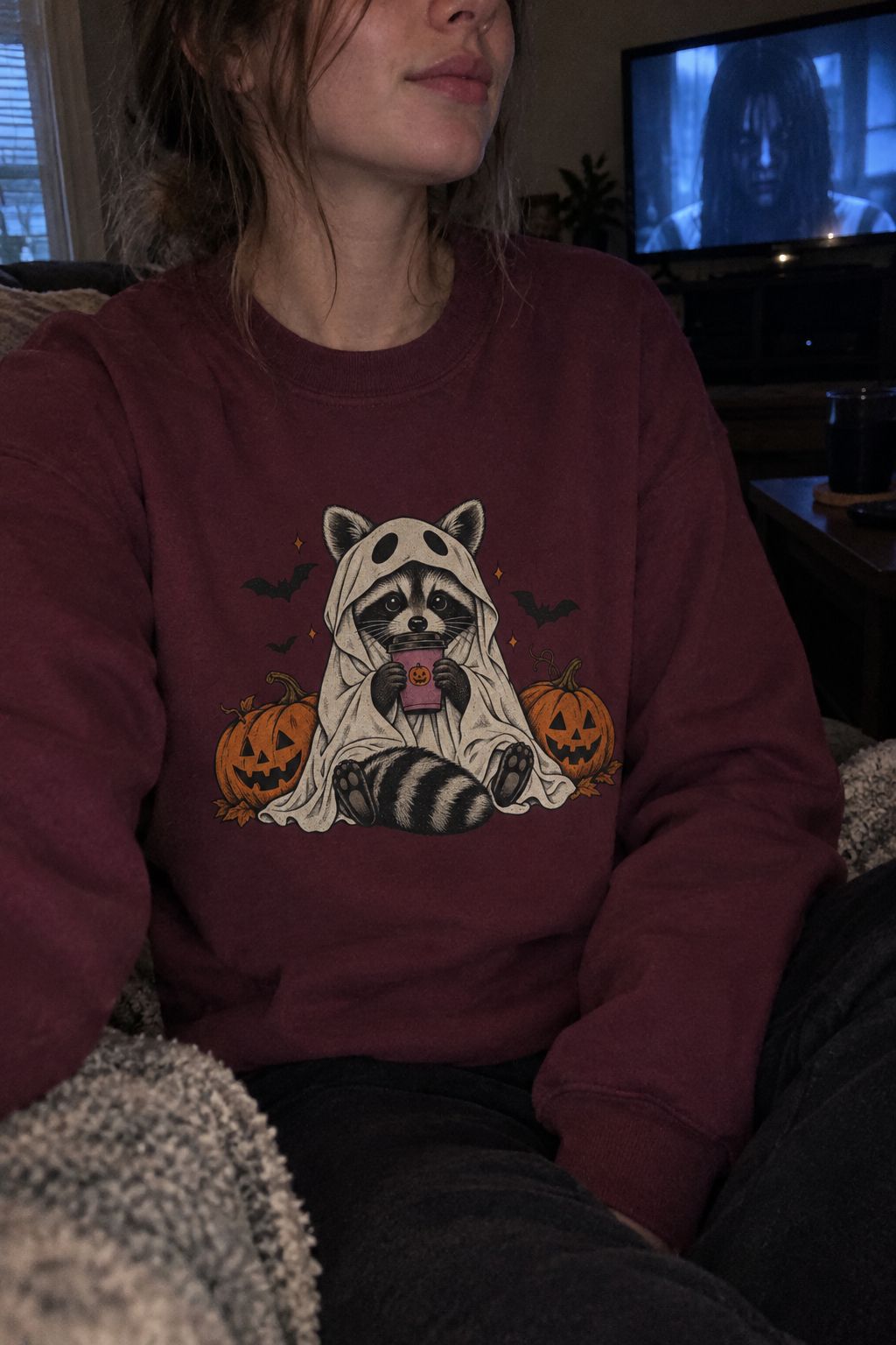 Halloween Raccoon Ghost Sweatshirt lifestyle photo