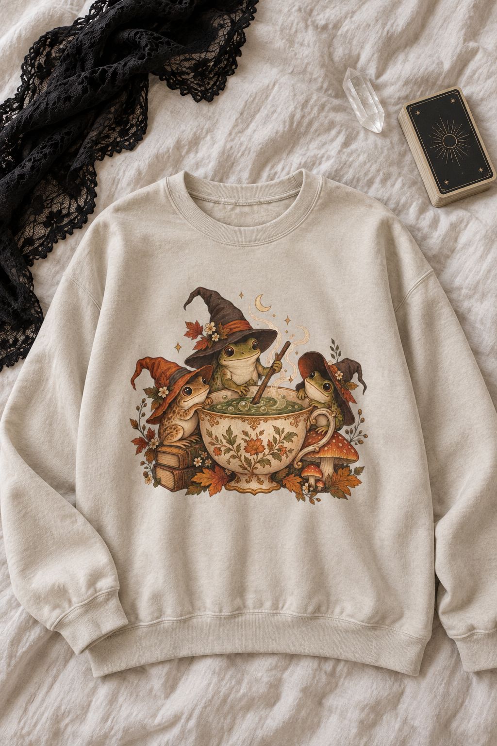 Cozy Witch Frog Tea Crewneck Sweatshirt lifestyle photo