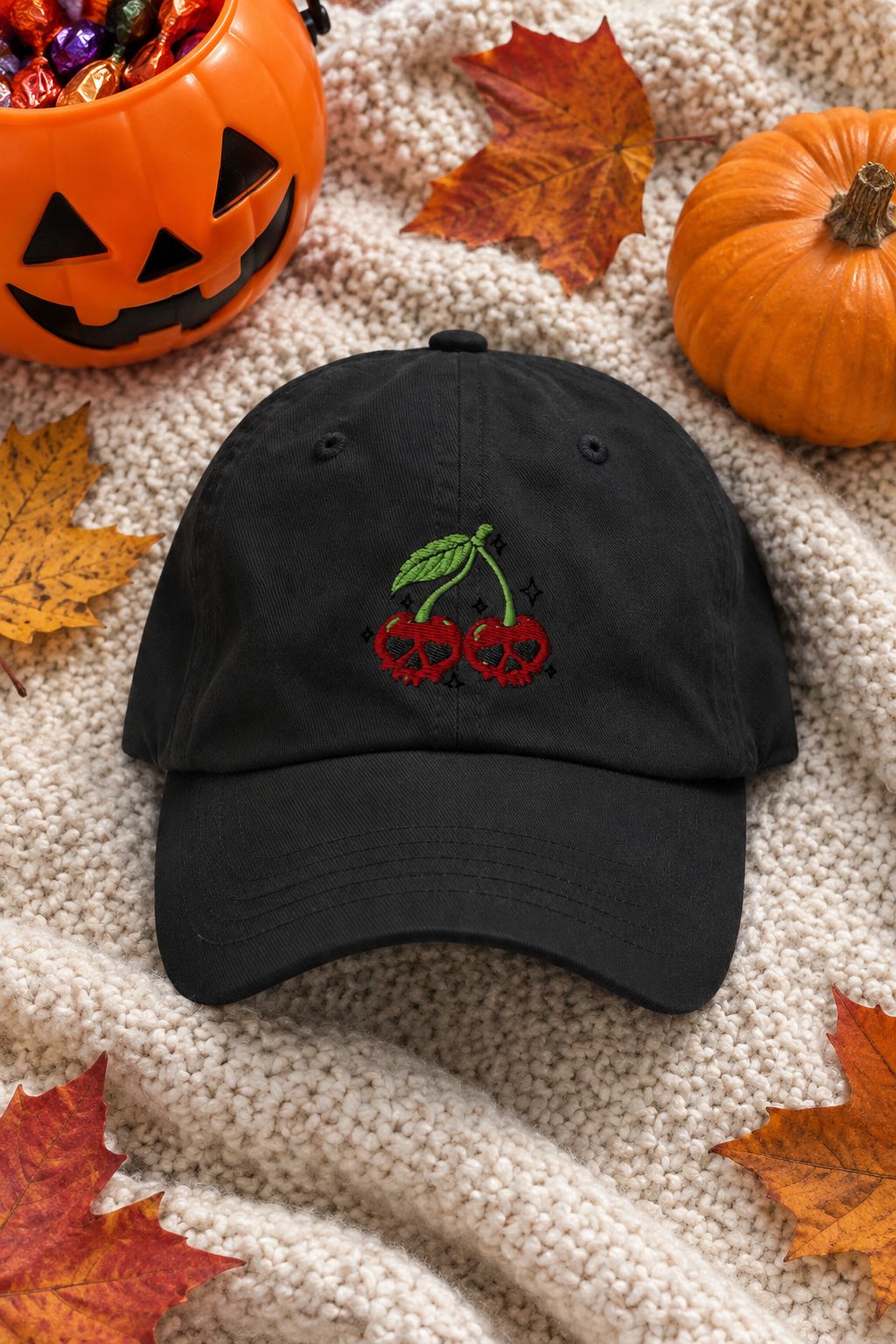 Cherry Skull Embroidered Dad Hat lifestyle photo