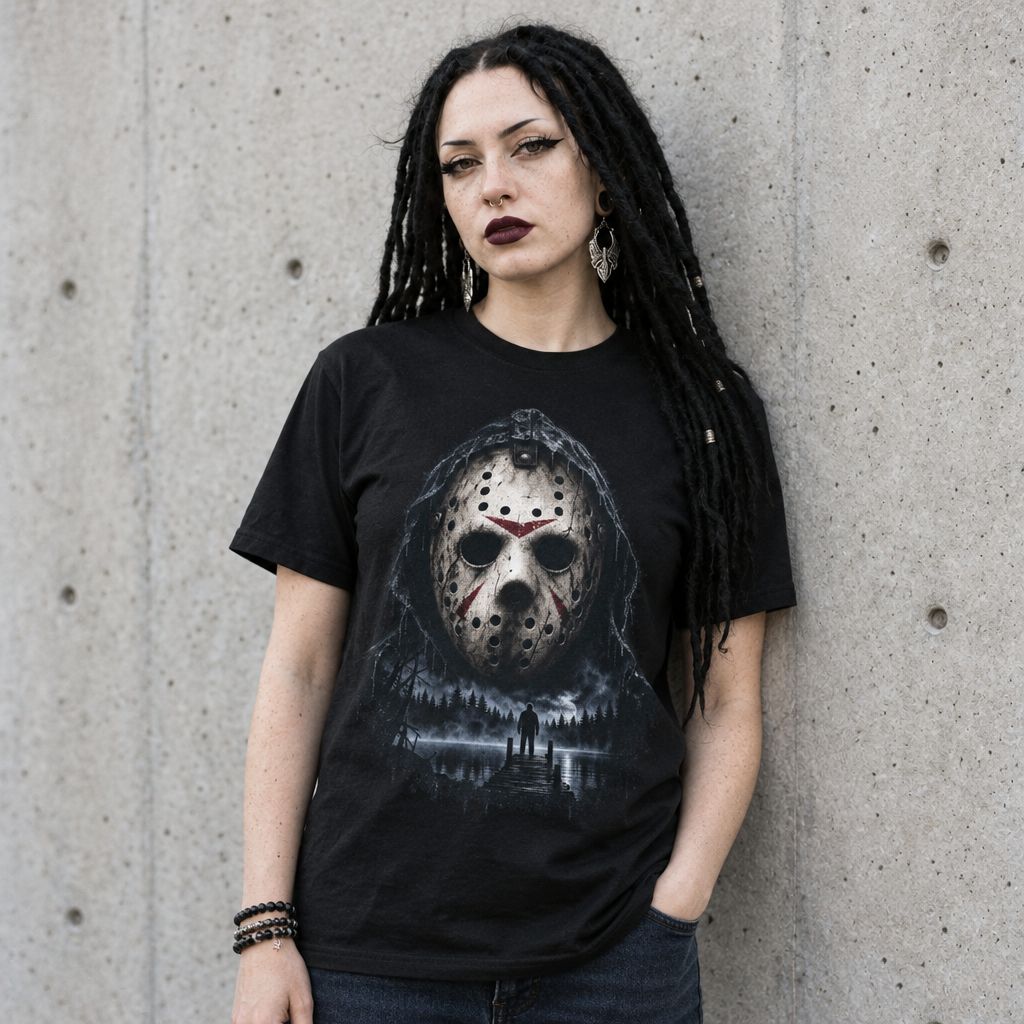 Model wearing Jason Hockey Mask Lake Scene Graphic Tee against a cement wall