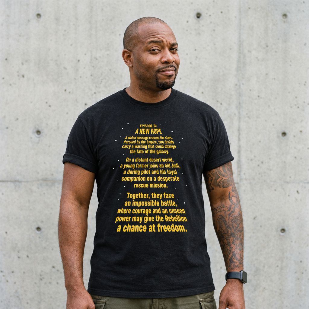 Model wearing Star Wars A New Hope Quote Graphic Tee against a cement wall