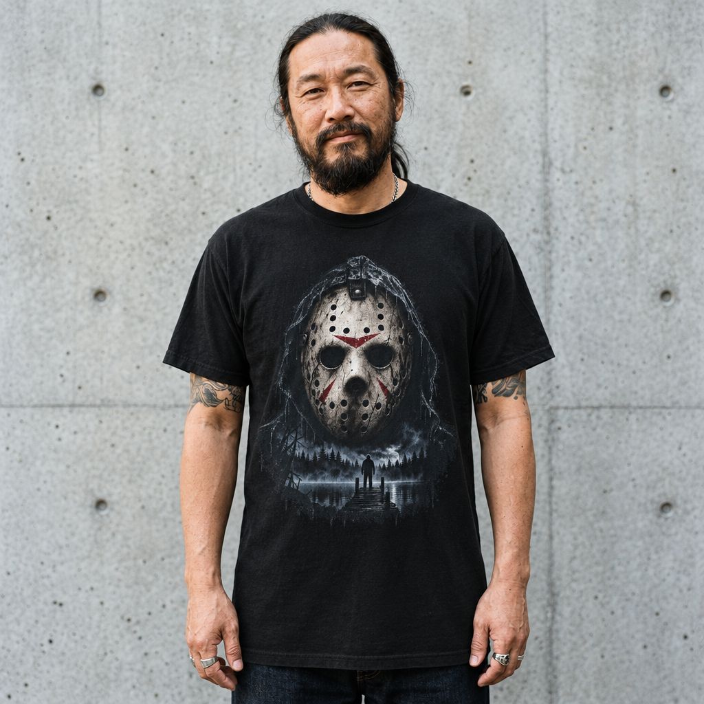 Man wearing the Jason hockey mask lake scene graphic tee against a cement wall