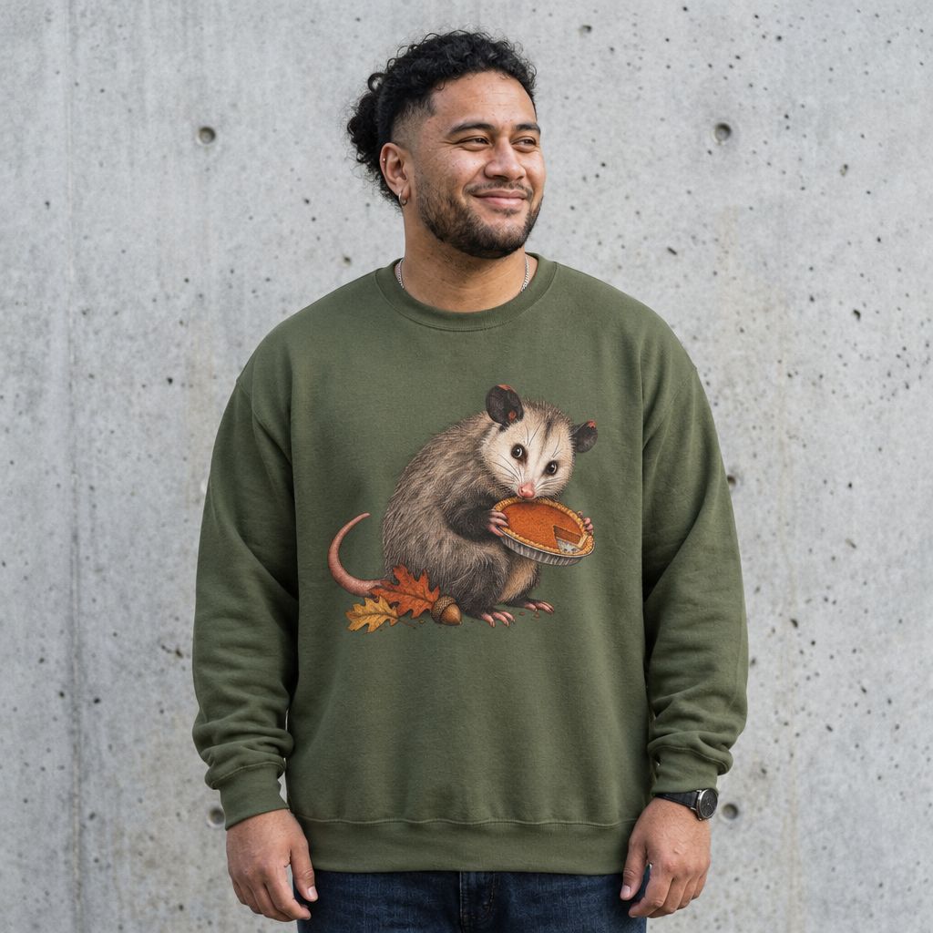 Man wearing the opossum Thanksgiving sweatshirt against a cement wall