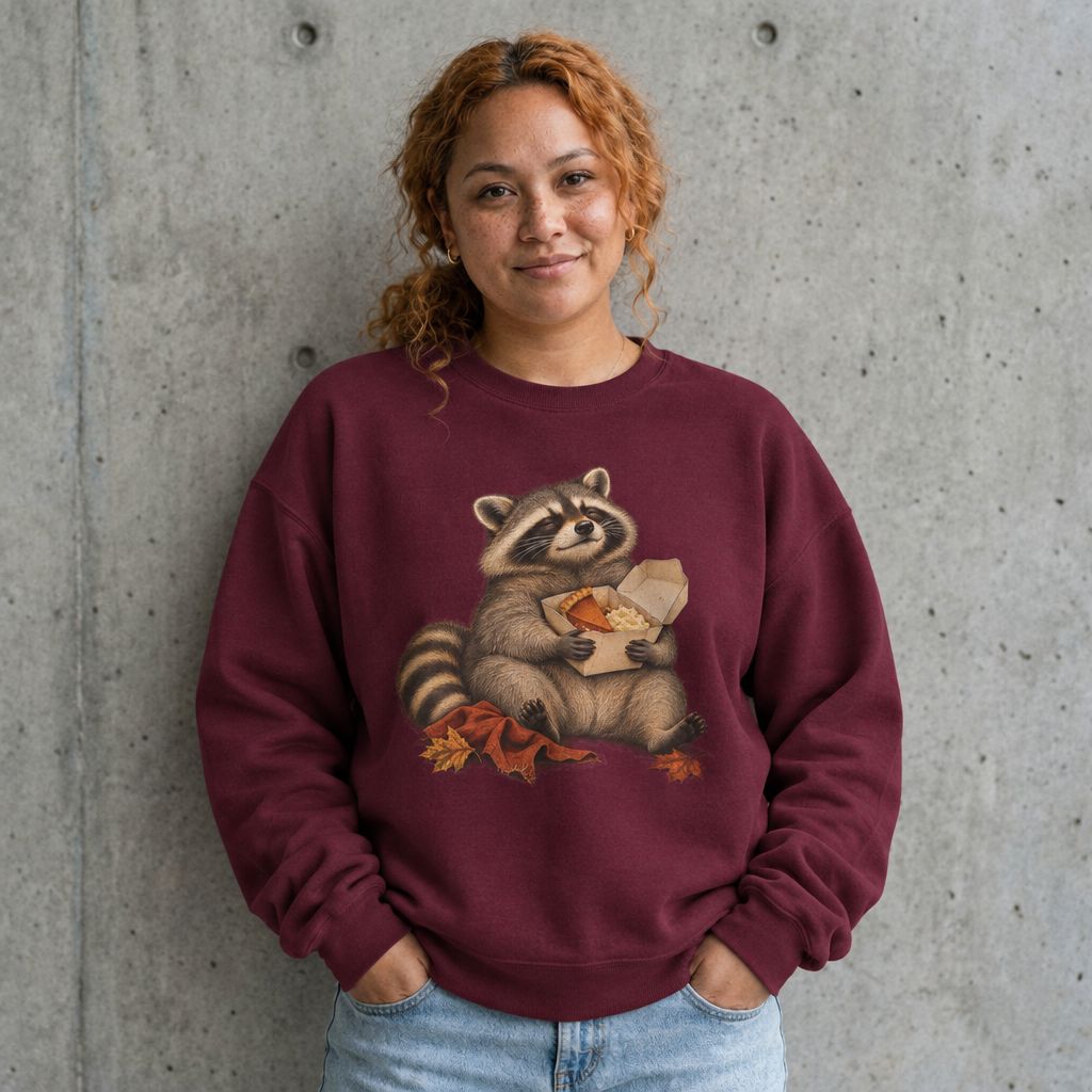 Woman wearing the cute raccoon fall crewneck sweatshirt against a cement wall