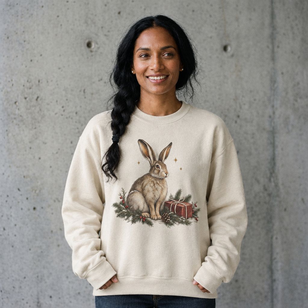 Woman wearing the vintage Christmas bunny sweatshirt against a cement wall