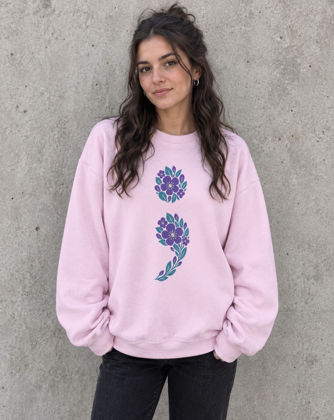 Model wearing the light pink floral semicolon suicide awareness crewneck sweatshirt