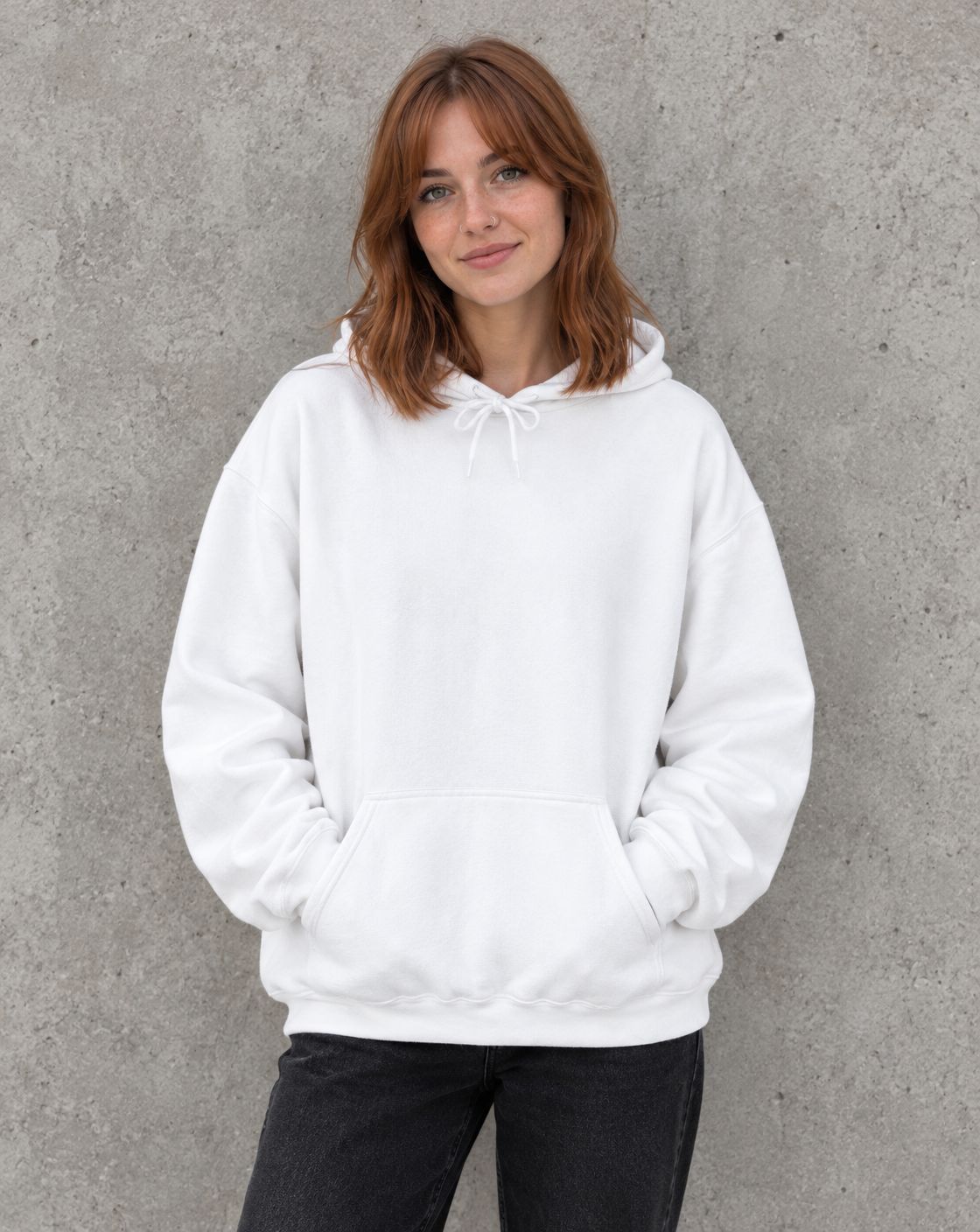 Model wearing the white purple and teal flag semicolon pullover hoodie, front view