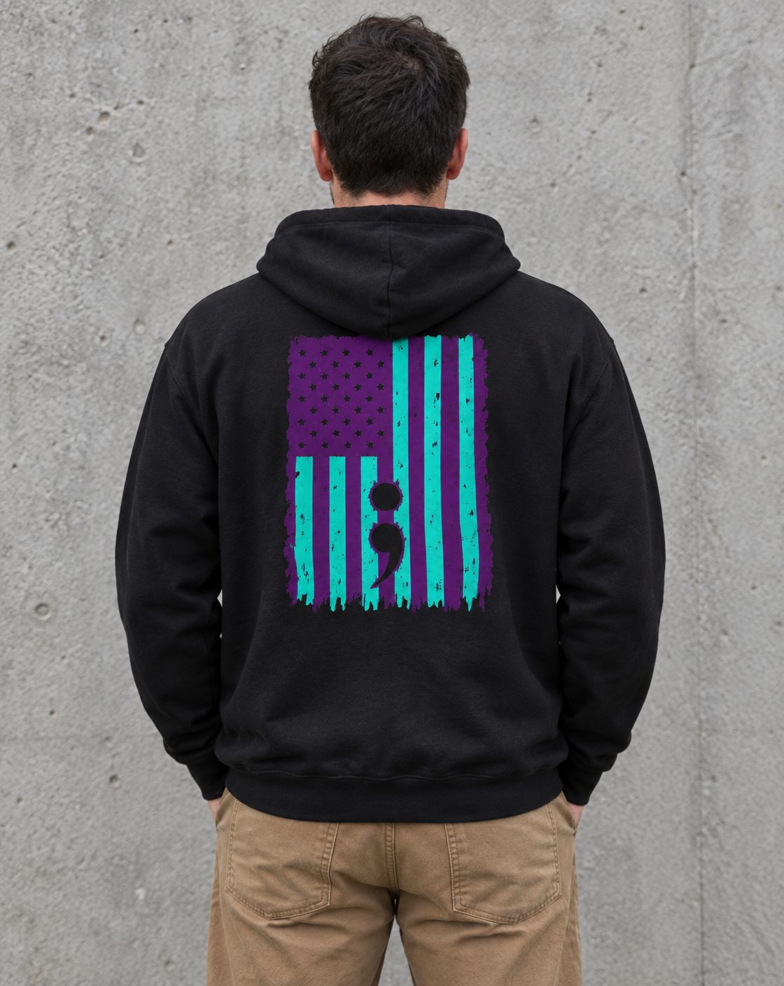 Model wearing the black purple and teal flag semicolon suicide awareness zip up hoodie, back view