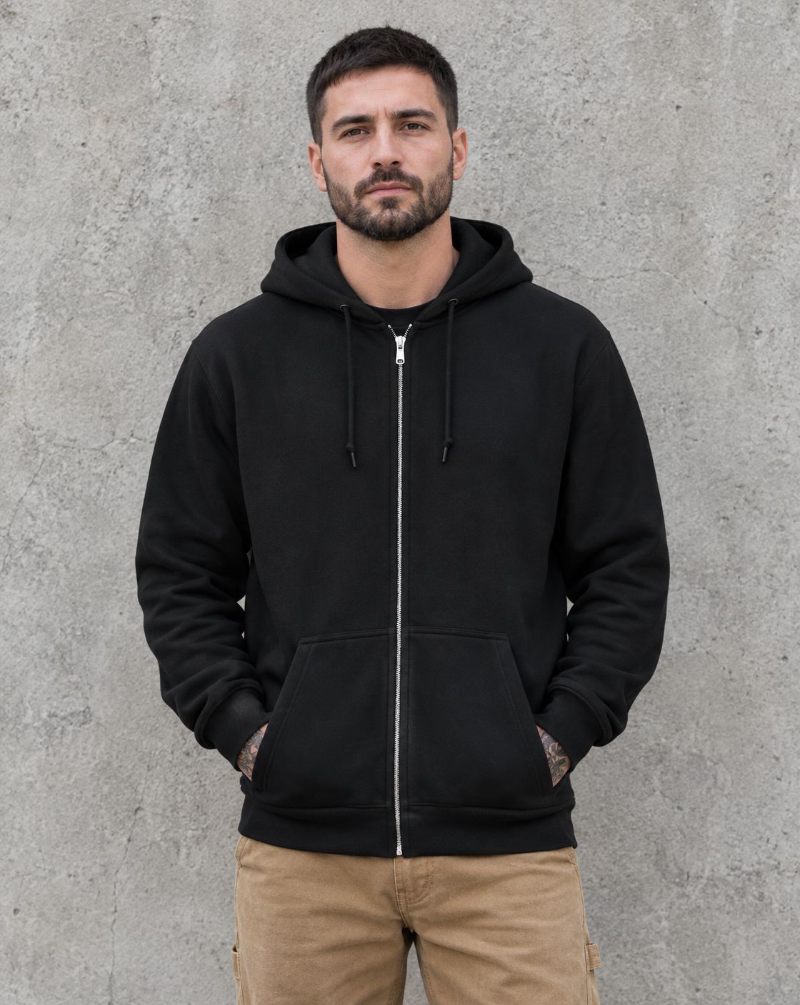 Model wearing the black purple and teal flag semicolon zip up hoodie, front view