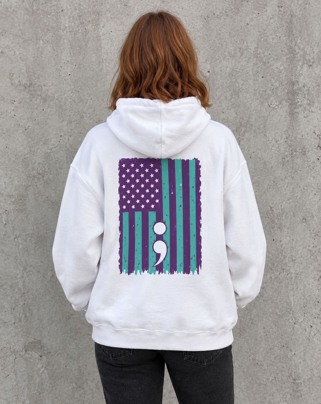 Model wearing the white purple and teal flag semicolon suicide awareness pullover hoodie, back view