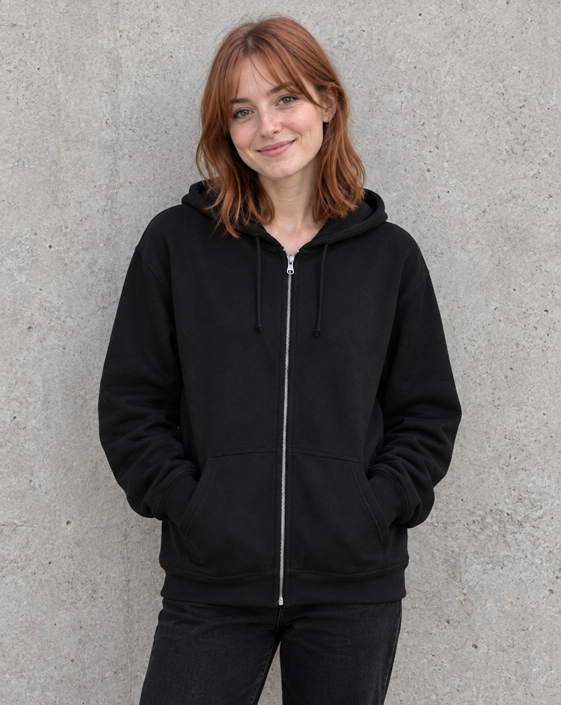 Model wearing the black floral semicolon zip up hoodie, front view