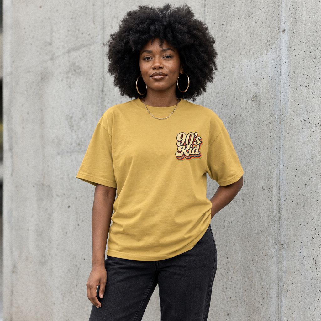 Woman wearing the 90s Kid Graphic Tee in Mustard