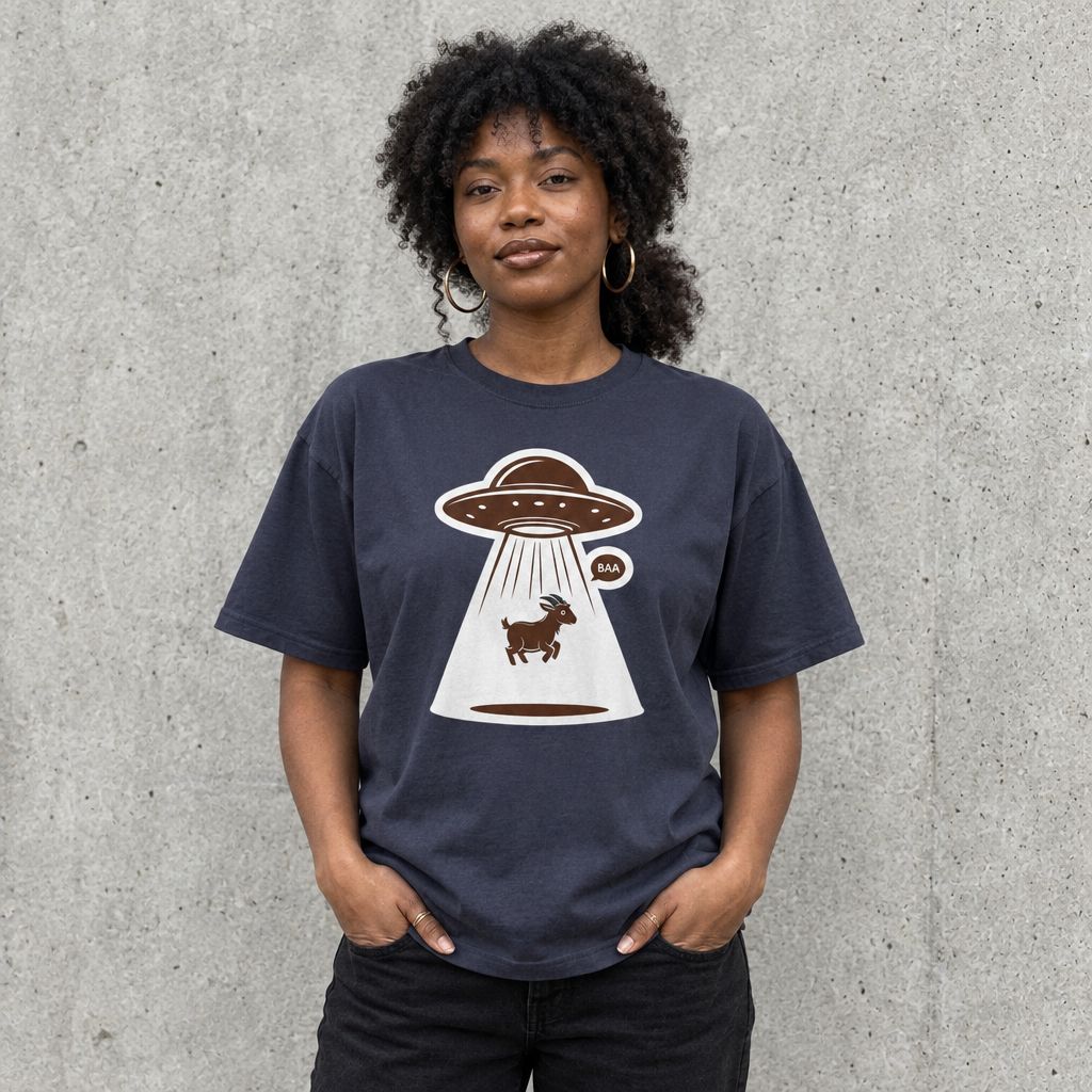 Woman wearing the Alien Abduction Goat Tee in Navy