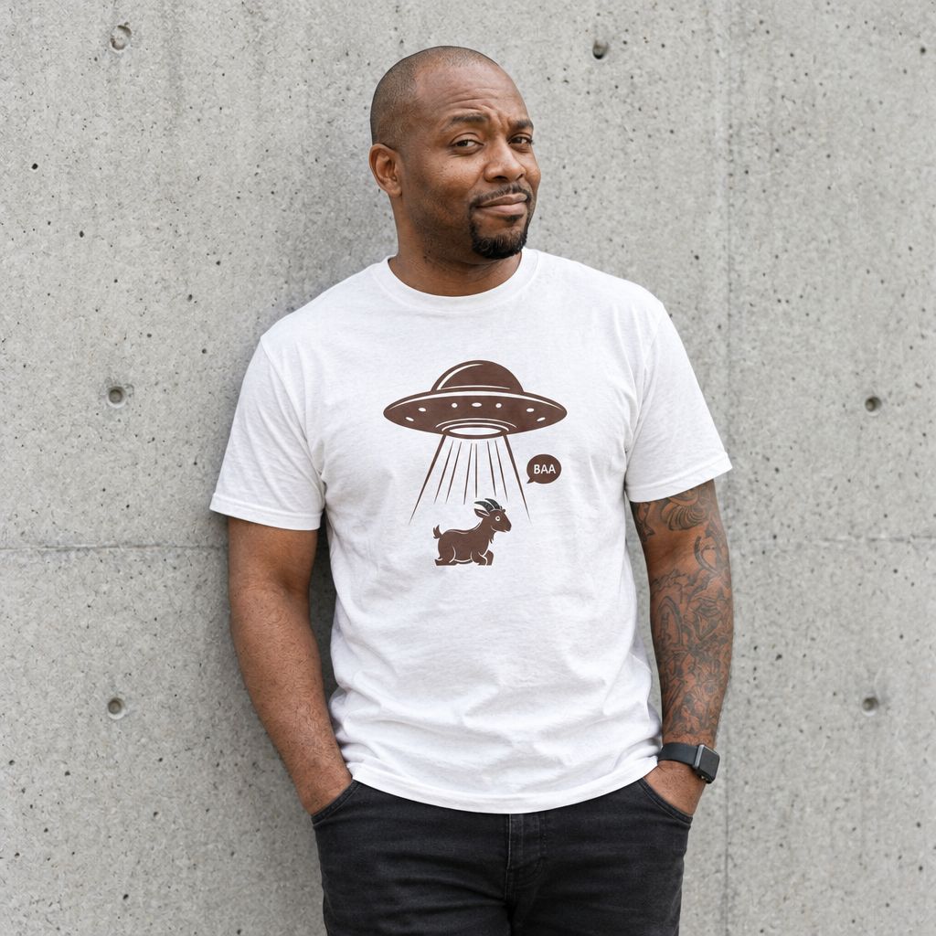 Man wearing the Alien Abduction Goat Tee in White