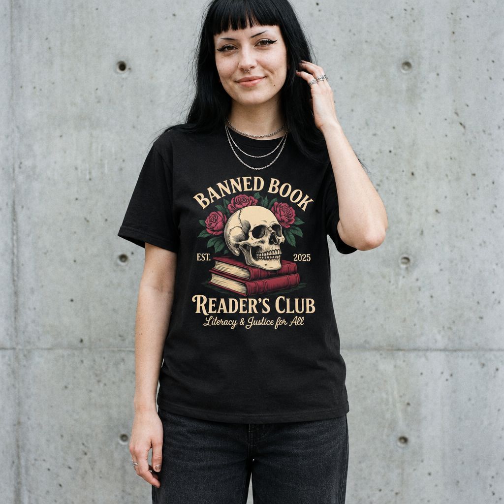 Woman wearing the Banned Book Reader's Club Tee in Black