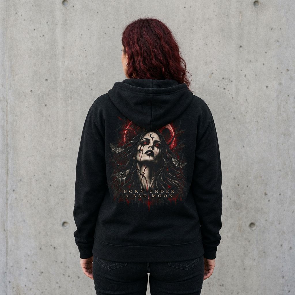 Back of a woman wearing the Born Under A Bad Moon Graphic Zip Up Hoodie in Black, showing the back print
