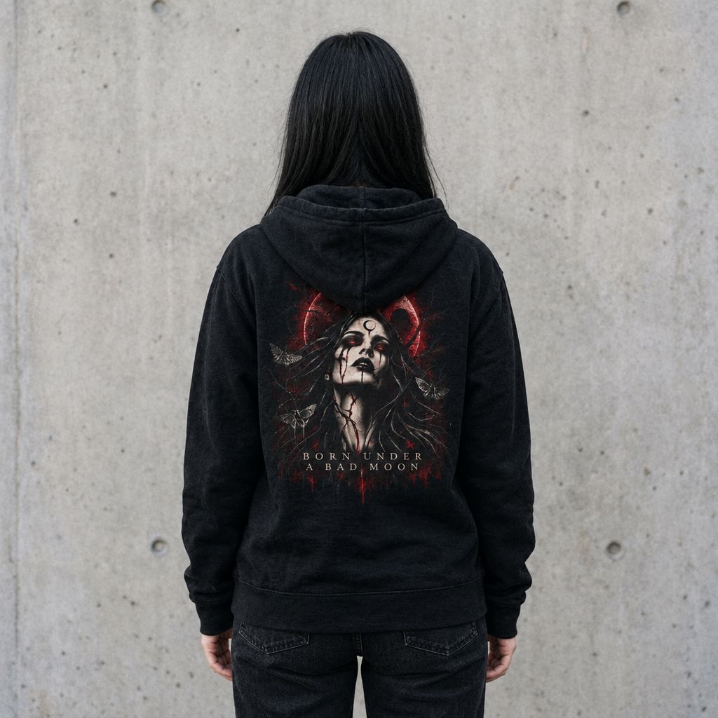 Back of a woman wearing the Born Under A Bad Moon Graphic Zip Up Hoodie in Black, showing the back print
