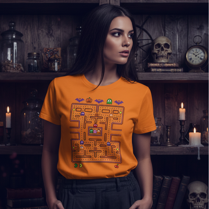 Halloween Pac-Man Graphic Tee in Safety Orange, alternate view