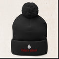 Embroidered Ghost Pom-Pom Beanie – Spooky Cuffed Knit Hat – Black