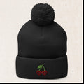 Cherry Skull Embroidered Pom-Pom Beanie – Black