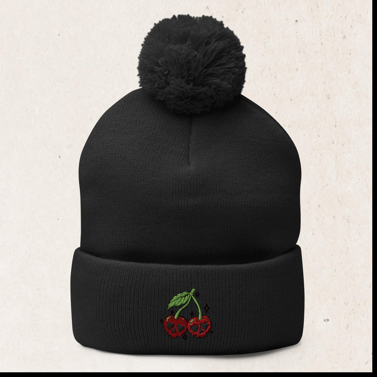 Cherry Skull Embroidered Pom-Pom Beanie – Black