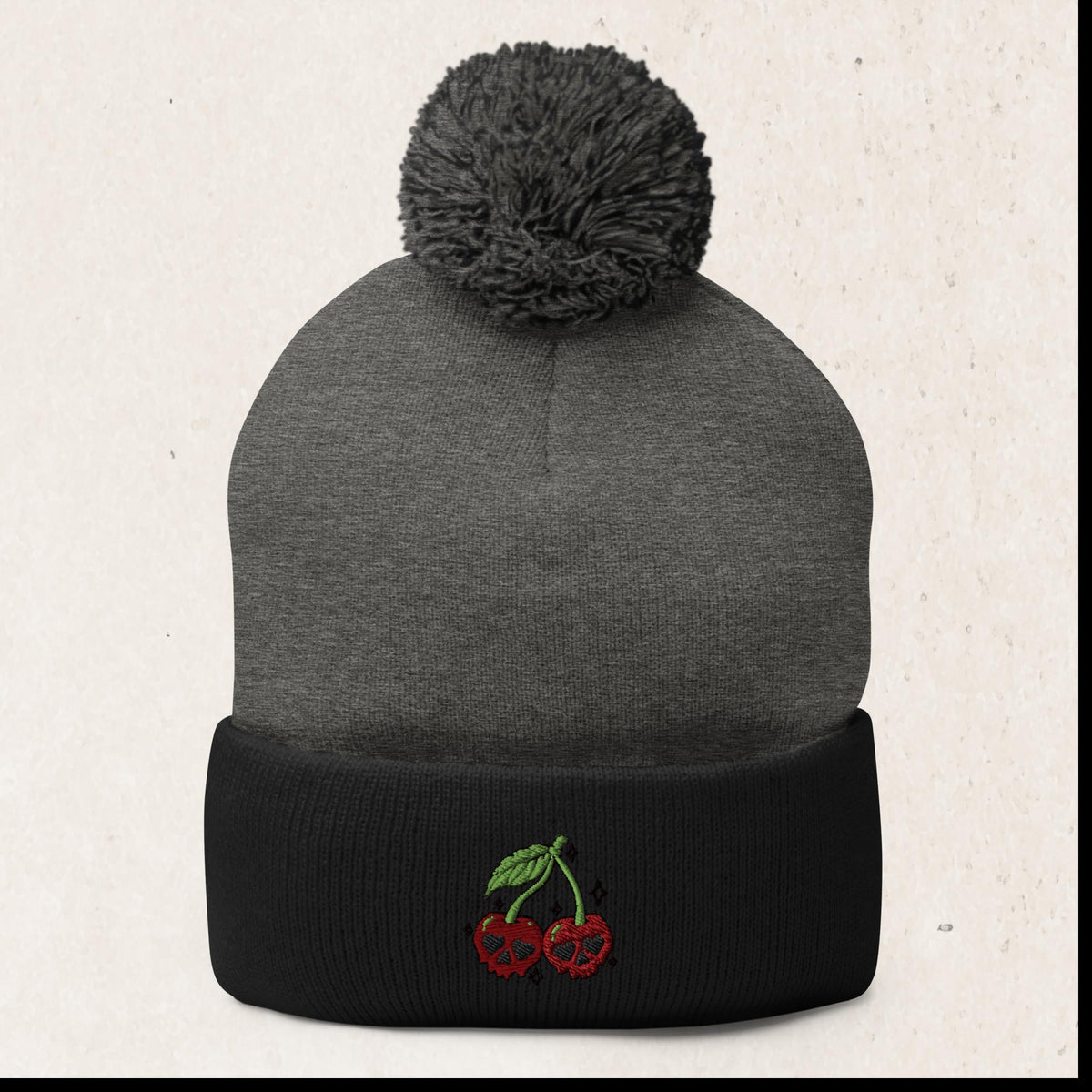 Cherry Skull Embroidered Pom-Pom Beanie – Dark Heather Grey/ Black