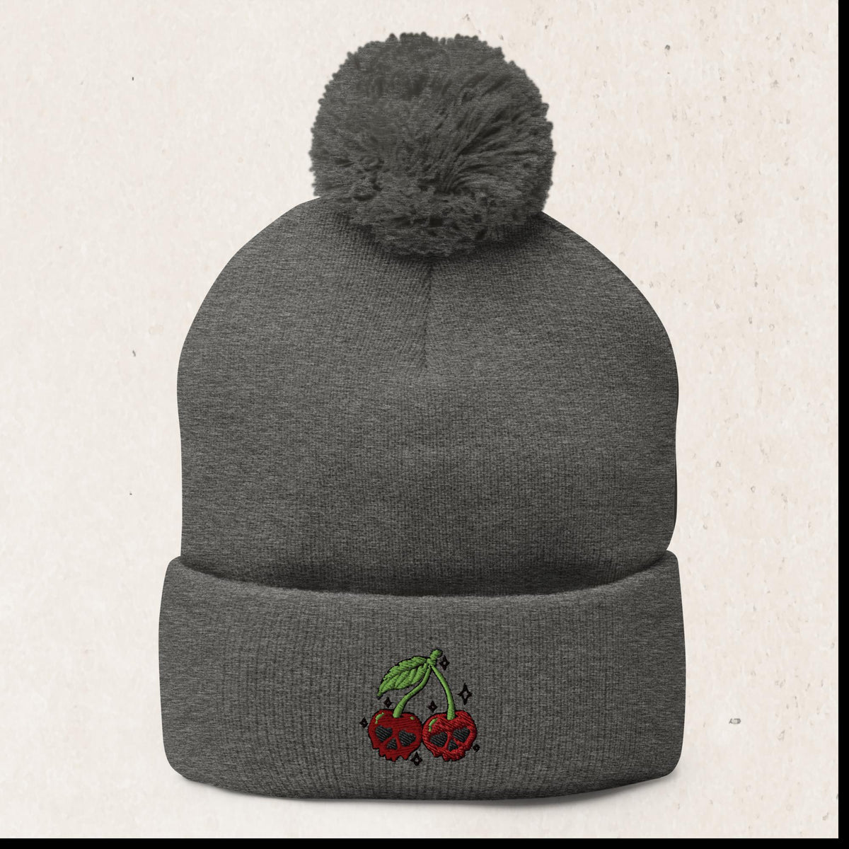 Cherry Skull Embroidered Pom-Pom Beanie – Dark Heather Grey