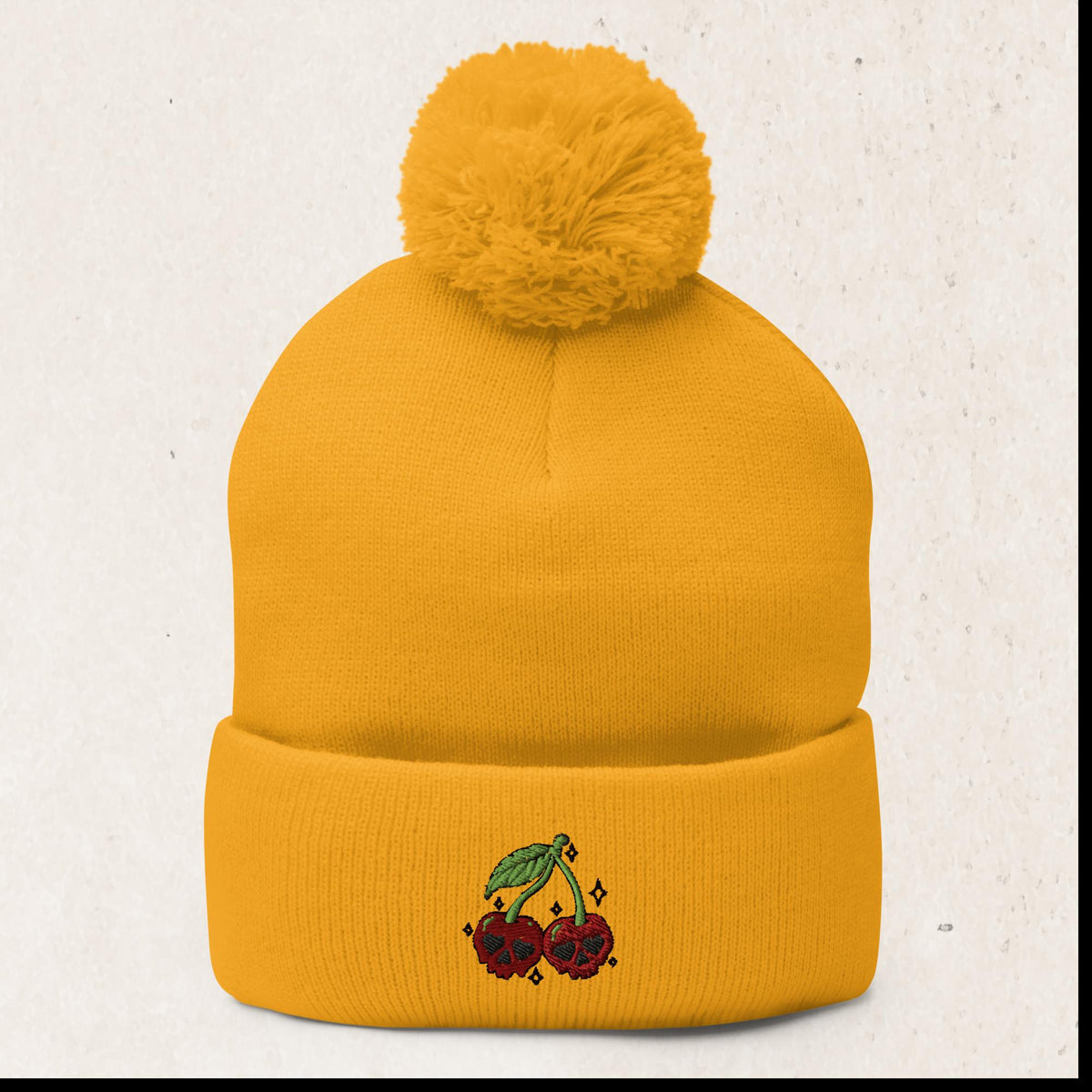 Cherry Skull Embroidered Pom-Pom Beanie – Gold