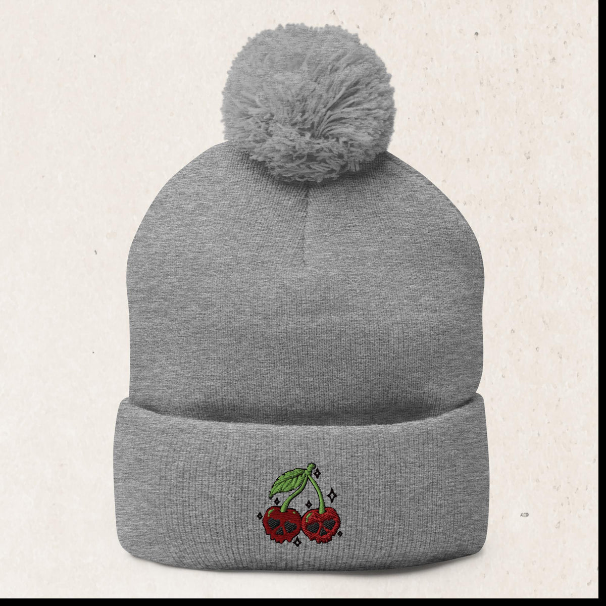 Cherry Skull Embroidered Pom-Pom Beanie – Heather Grey