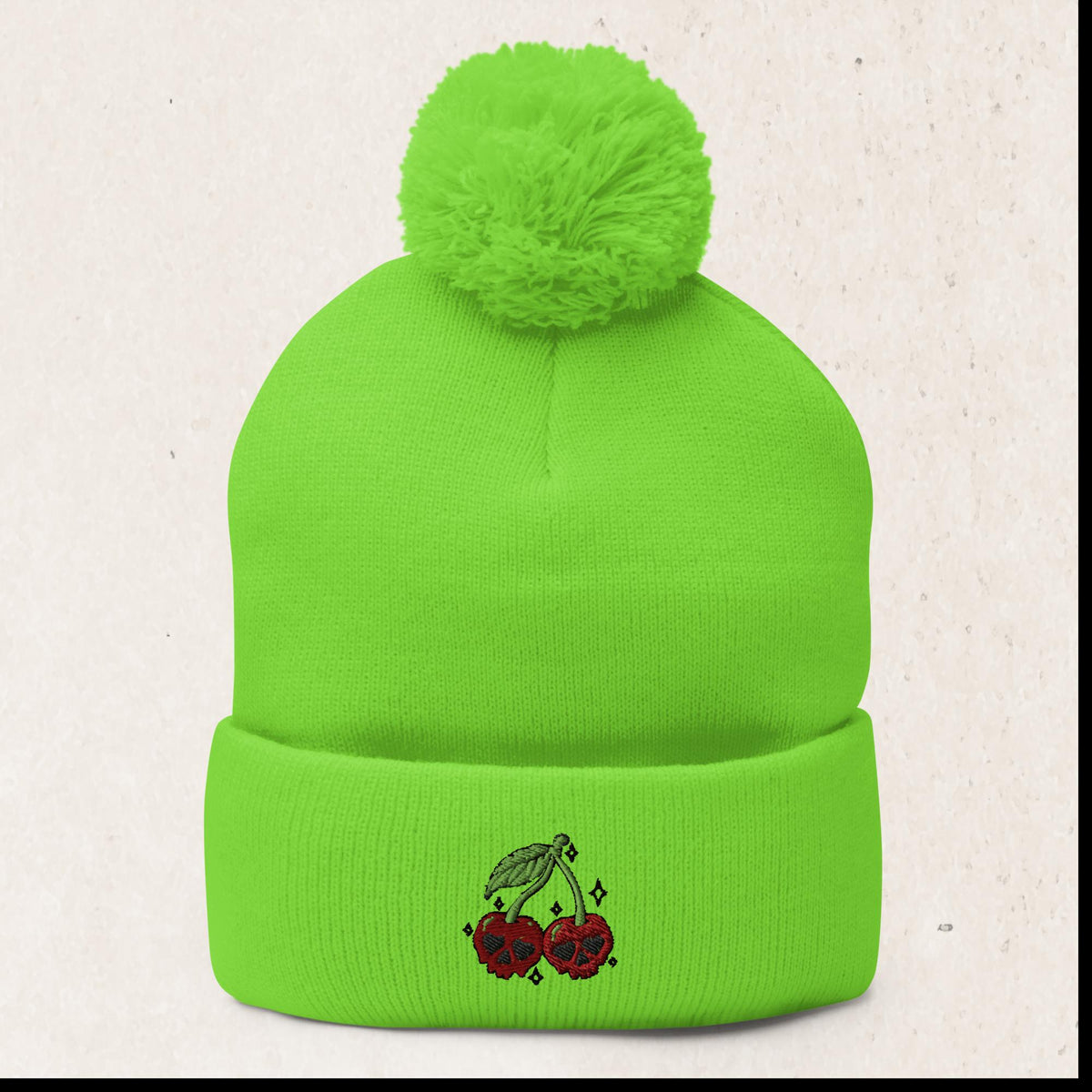 Cherry Skull Embroidered Pom-Pom Beanie – Neon Green