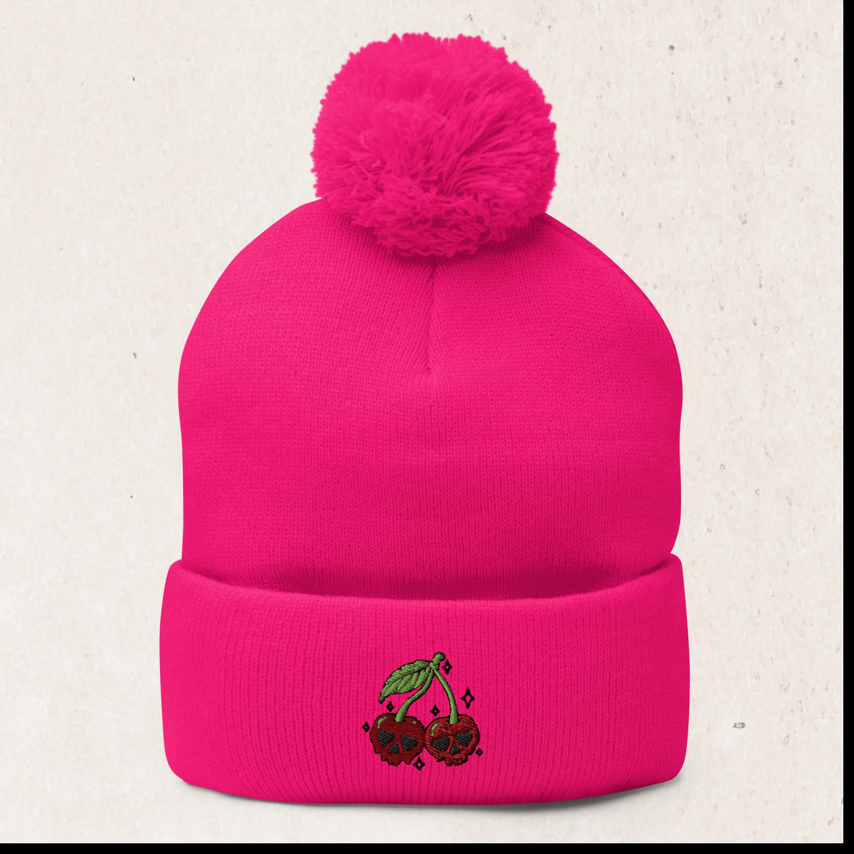 Cherry Skull Embroidered Pom-Pom Beanie – Neon Pink
