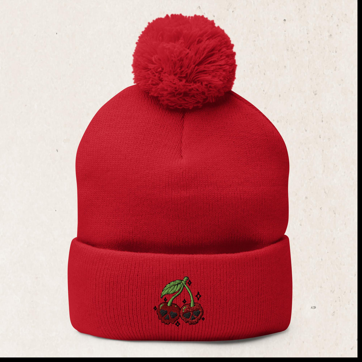 Cherry Skull Embroidered Pom-Pom Beanie – Red