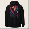 Jason Voorhees Neon Synthwave Hoodie – Retro Slasher Pullover – Black