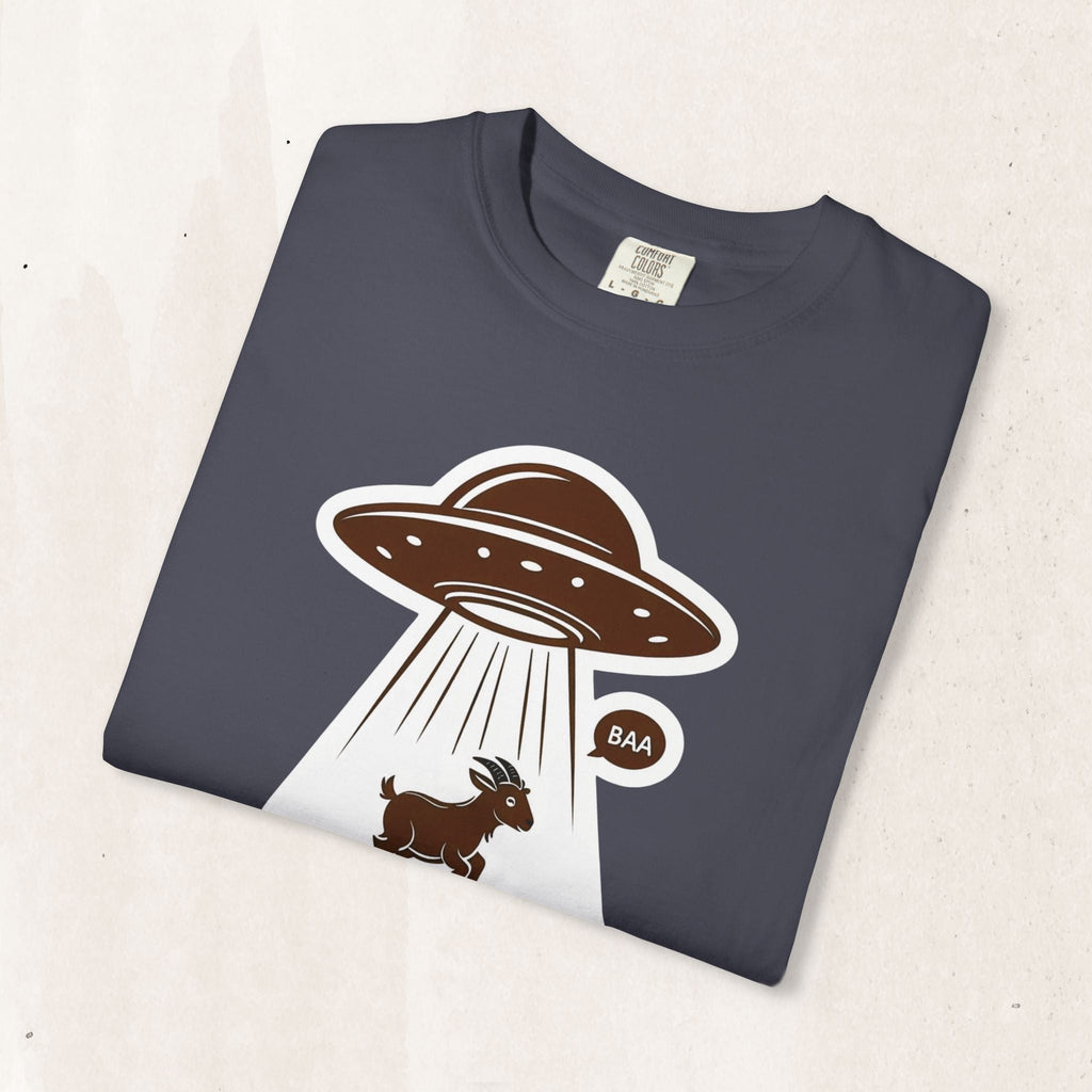 Wicked Thread Society charcoal grey cotton t-shirt featuring a graphic of a UFO abducting a goat saying BAA.