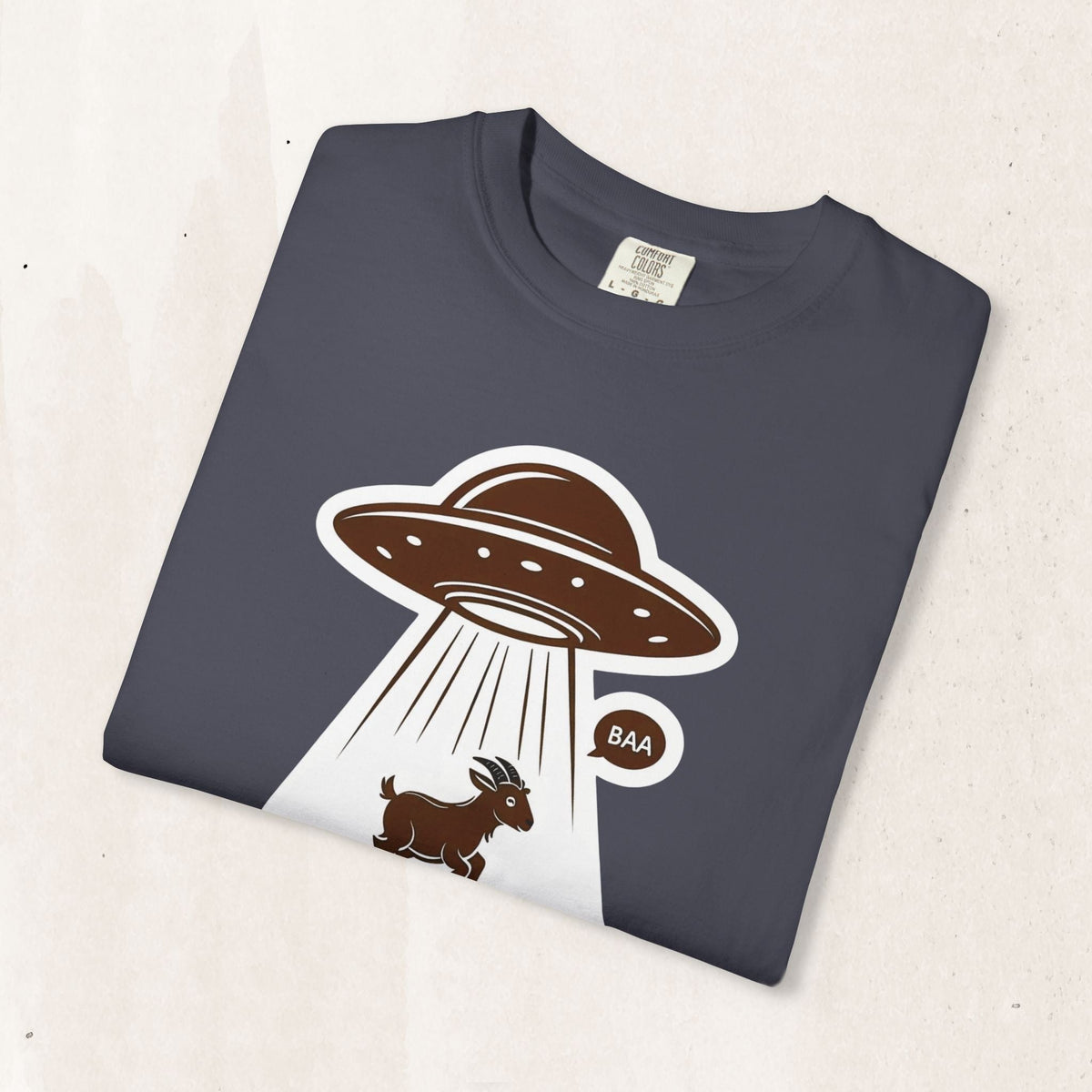 Wicked Thread Society charcoal grey cotton t-shirt featuring a graphic of a UFO abducting a goat saying BAA.