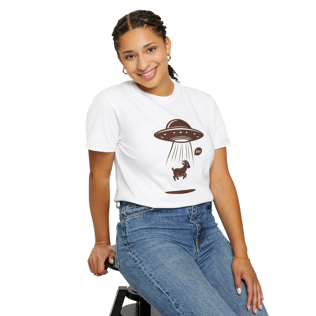 Wicked Thread Society white cotton t-shirt featuring a brown UFO alien abduction graphic with a goat on a model.