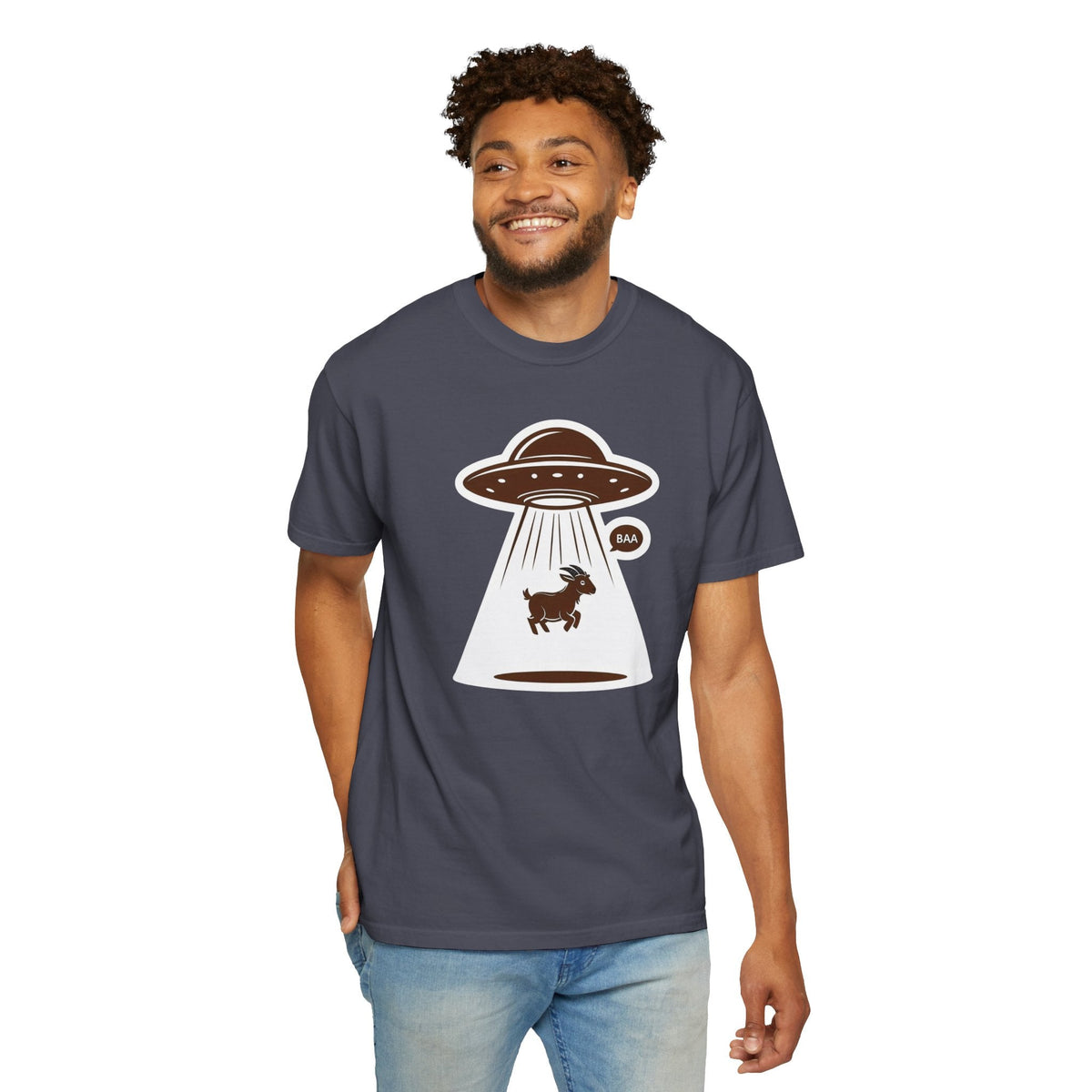 Wicked Thread Society charcoal grey cotton t-shirt featuring a playful UFO alien abduction graphic of a goat