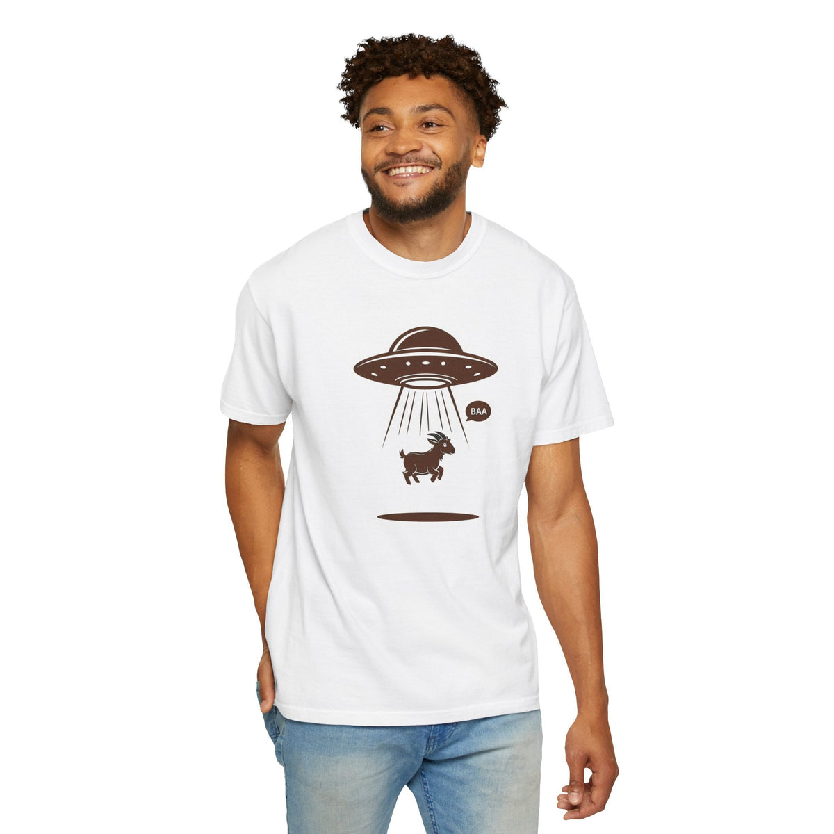 Wicked Thread Society white cotton t-shirt featuring a brown graphic of a UFO abducting a goat with a speech bubble.