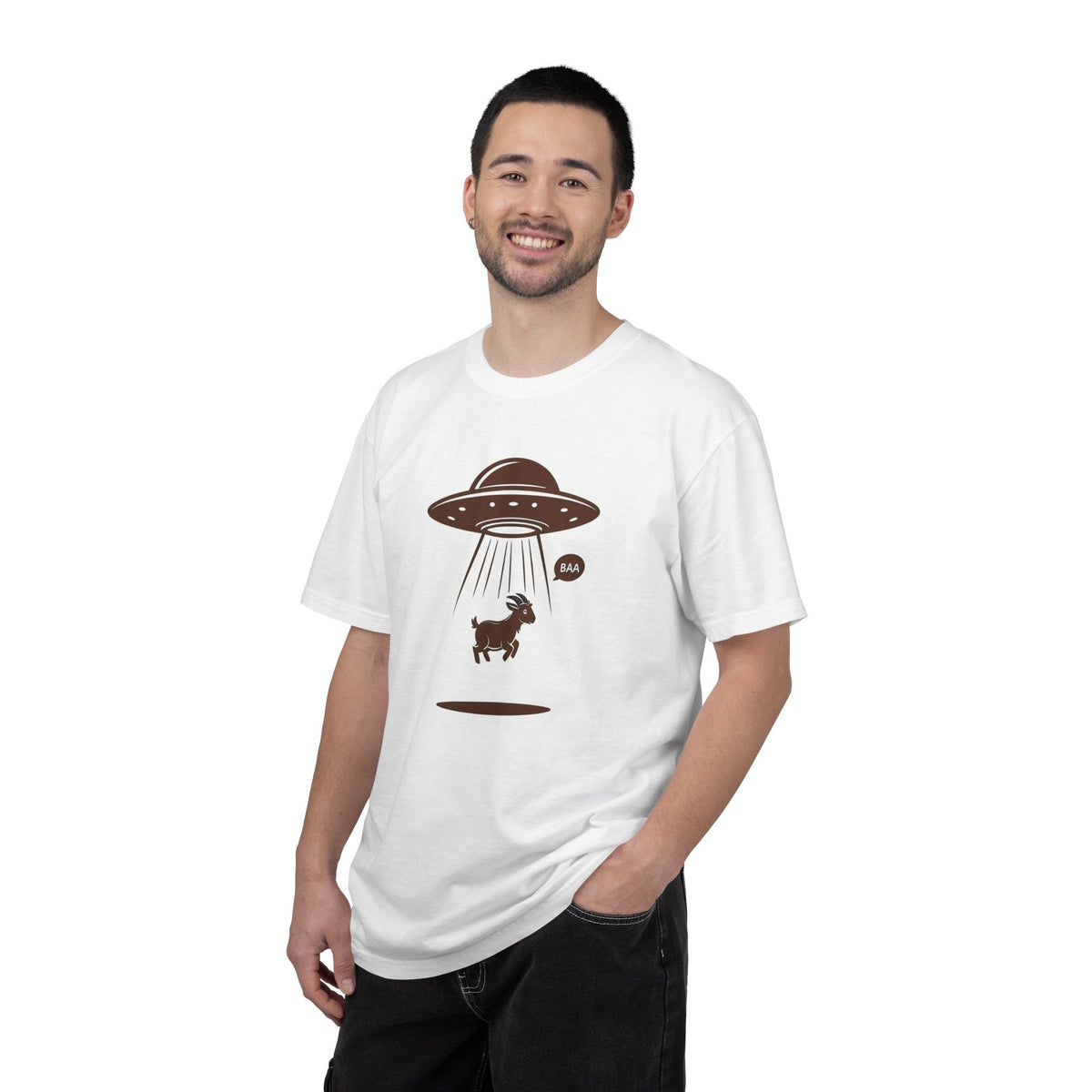 Wicked Thread Society white heavyweight cotton t-shirt featuring a brown UFO alien abduction goat graphic print.