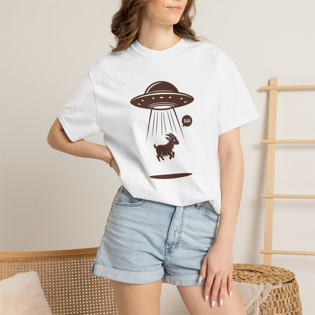 Wicked Thread Society white cotton t-shirt featuring a brown graphic of a UFO abducting a goat with a speech bubble.