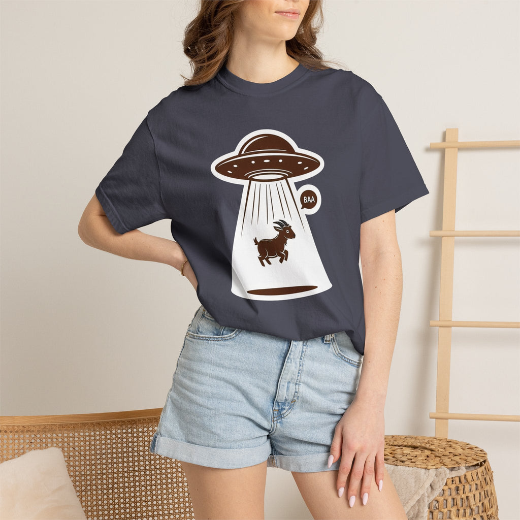 Wicked Thread Society charcoal grey cotton t-shirt featuring a playful UFO alien abduction goat graphic print.